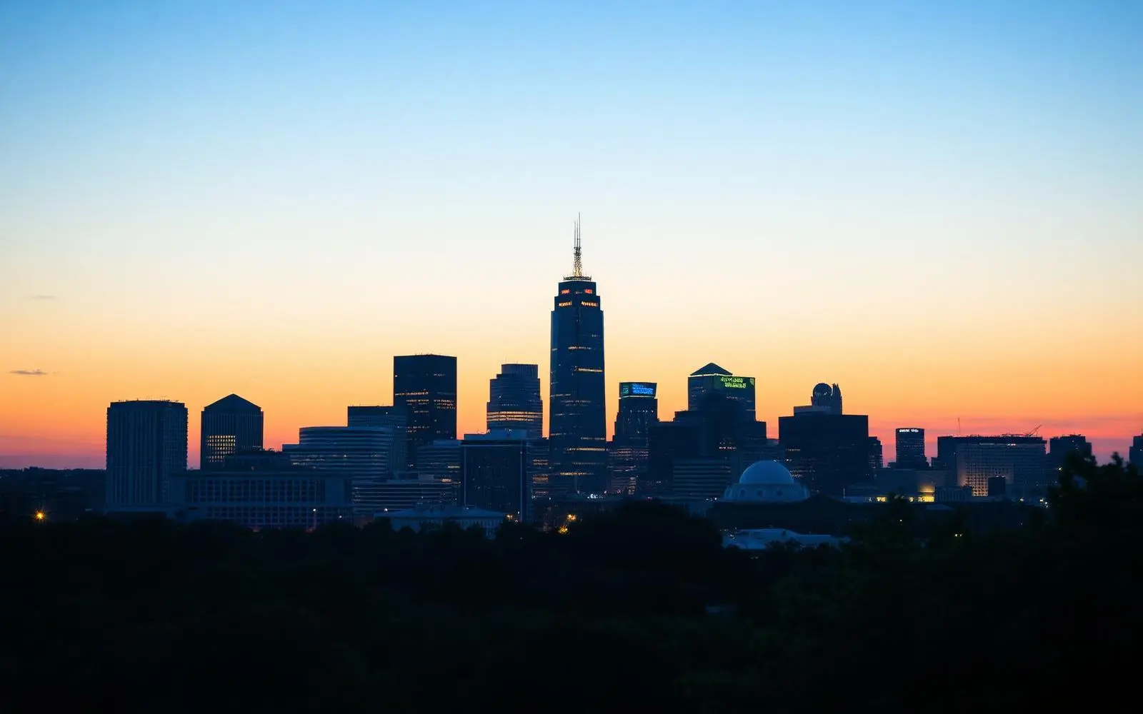 The Charlotte skyline seen beyond a canopy of mature trees