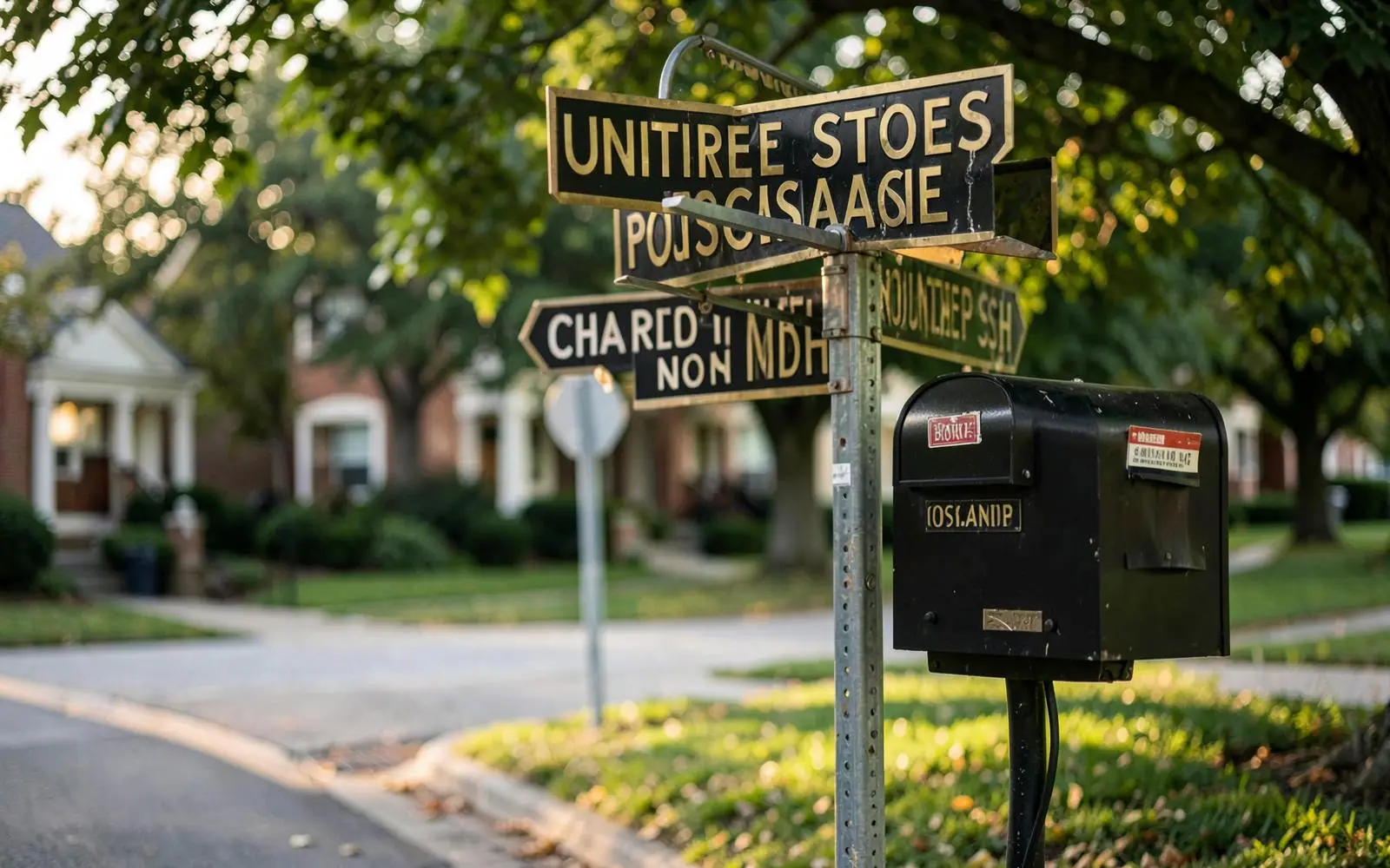 Street signs and a mailbox on a tree-lined residential corner in Charlotte, North Carolina