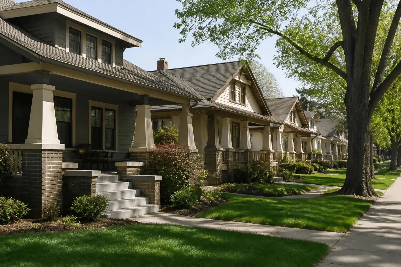 A brick and half-timbered Tudor Revival house on a shaded Charlotte street