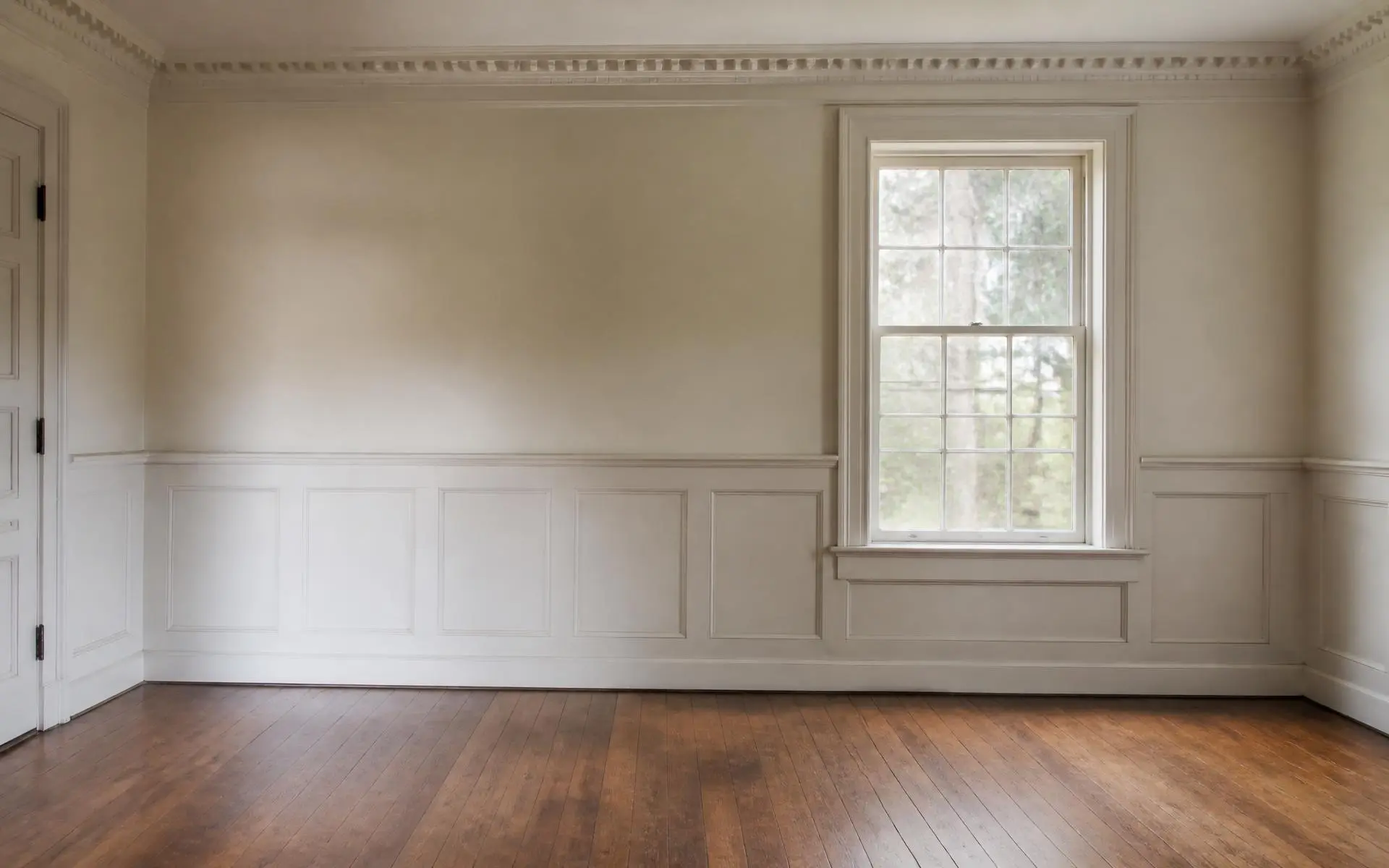 Original plaster crown molding, paneled wainscot, wood sash window, and refinished heart pine floors in an older Charlotte house