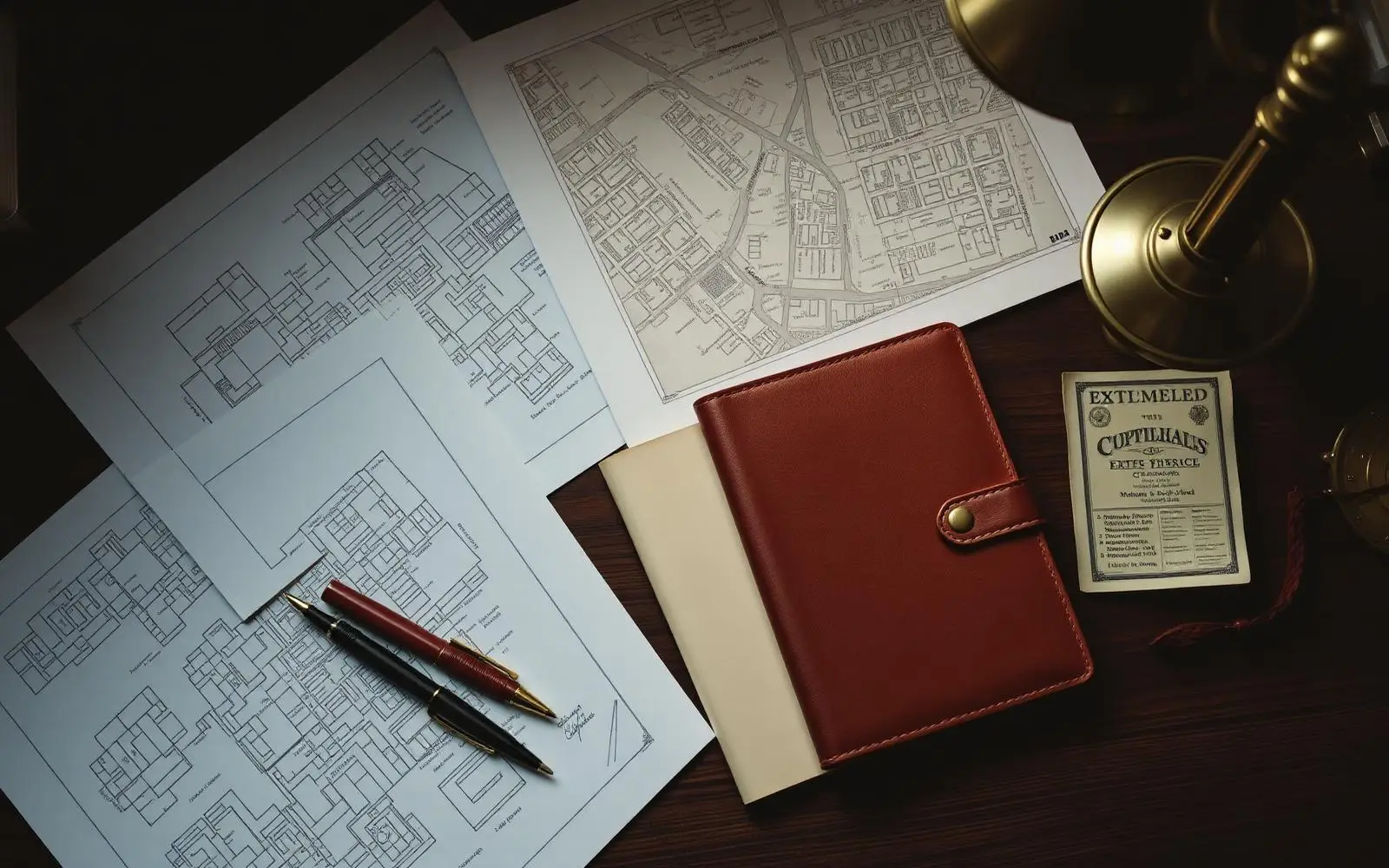 An editorial desk with reference books, plat drawings, and a reading lamp
