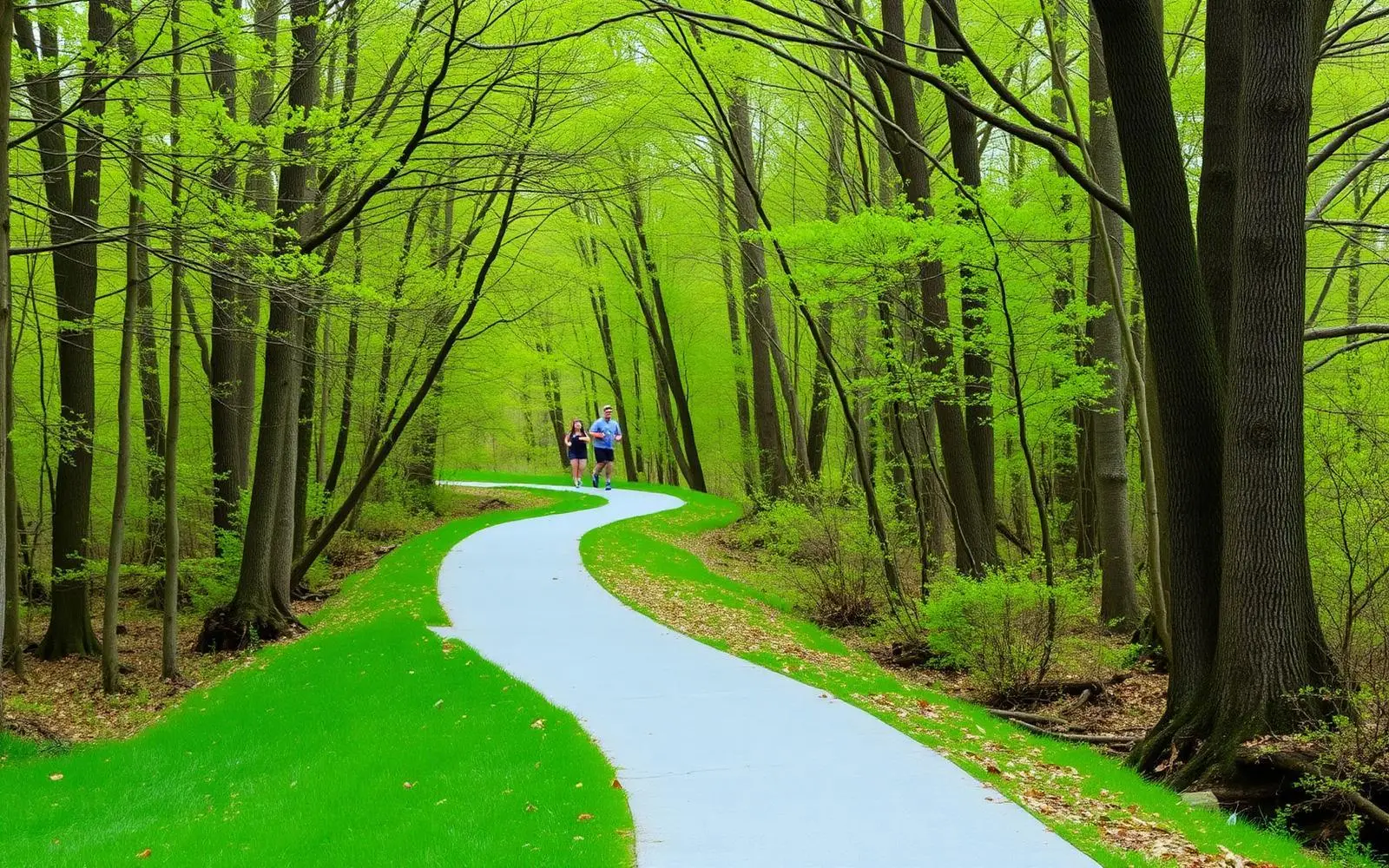 A paved greenway trail beside a creek under mature trees