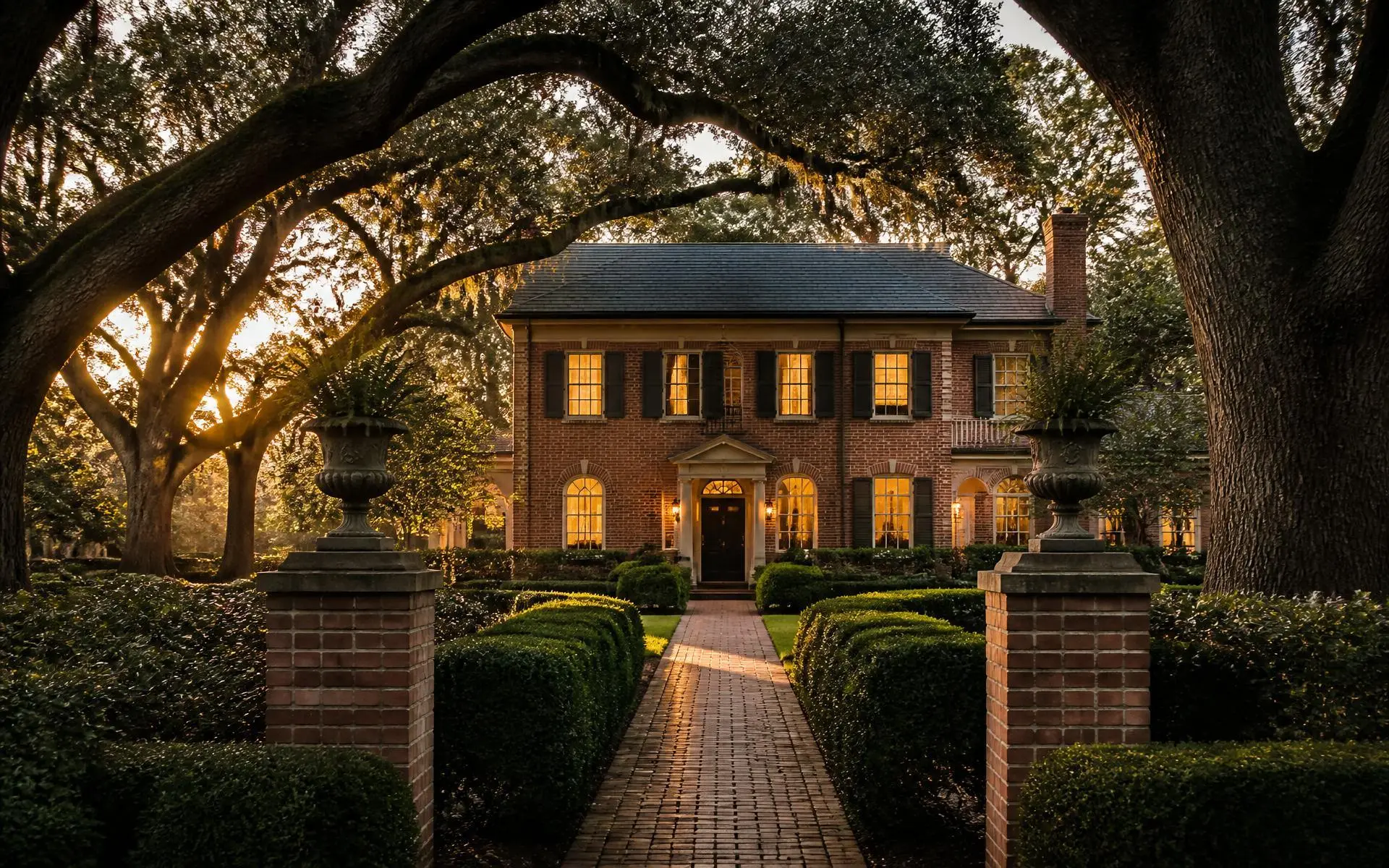 A Georgian brick estate in Eastover, Charlotte at golden hour beneath mature willow oaks