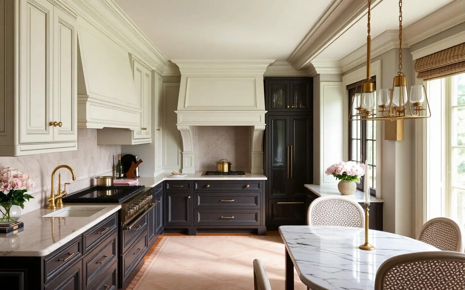 A renovated kitchen with custom cabinetry and marble in a historic Charlotte home