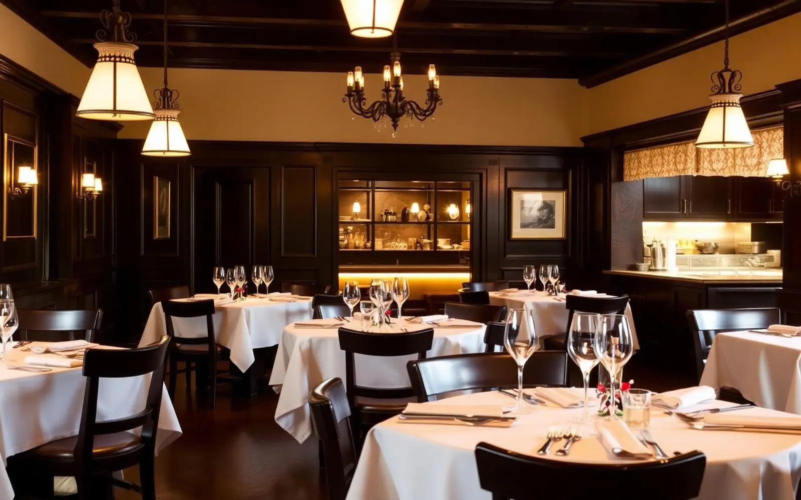 A warmly lit neighborhood restaurant dining room