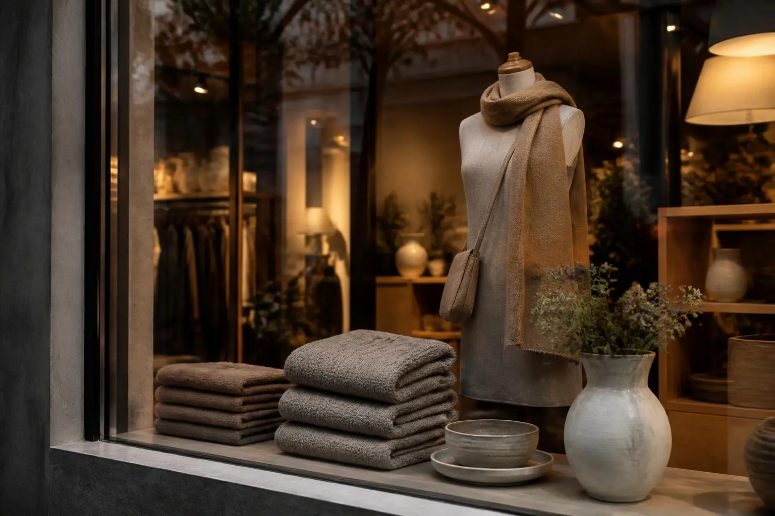 An upscale open-air shopping district with landscaped walkways
