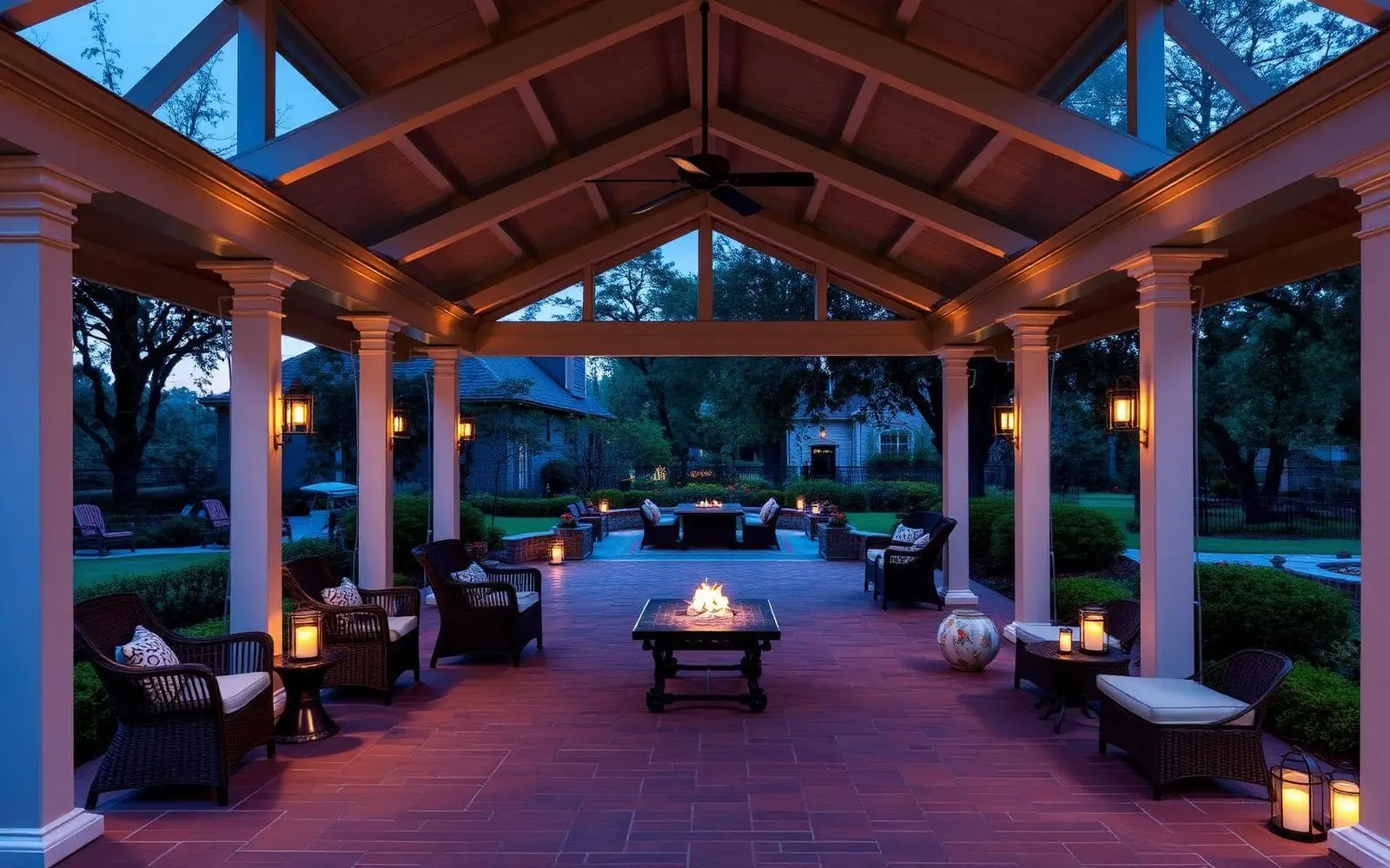 A covered brick terrace with lanterns and wicker seating at dusk