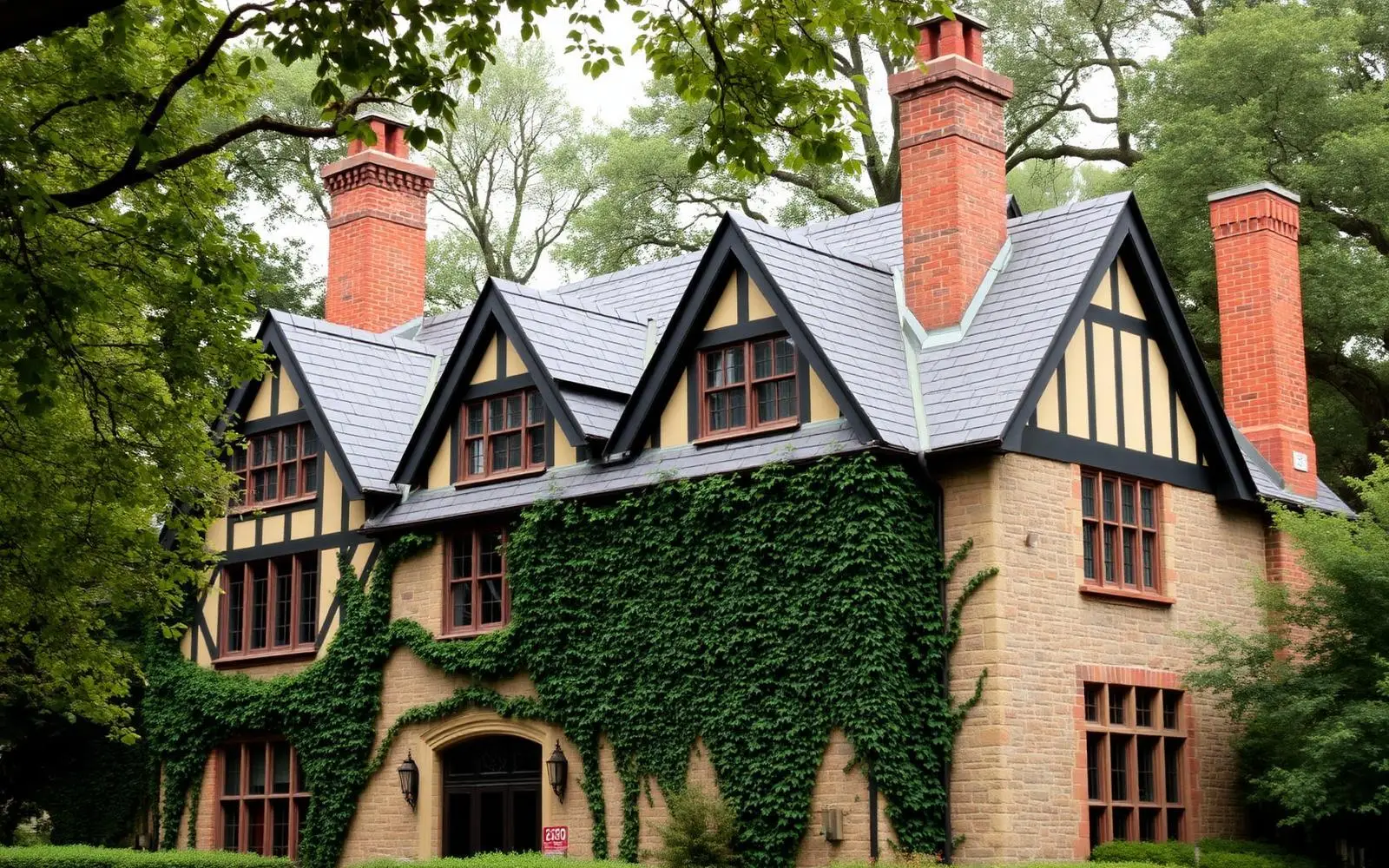 Tudor Revival stone and half-timber house with steep slate gables and brick chimneys